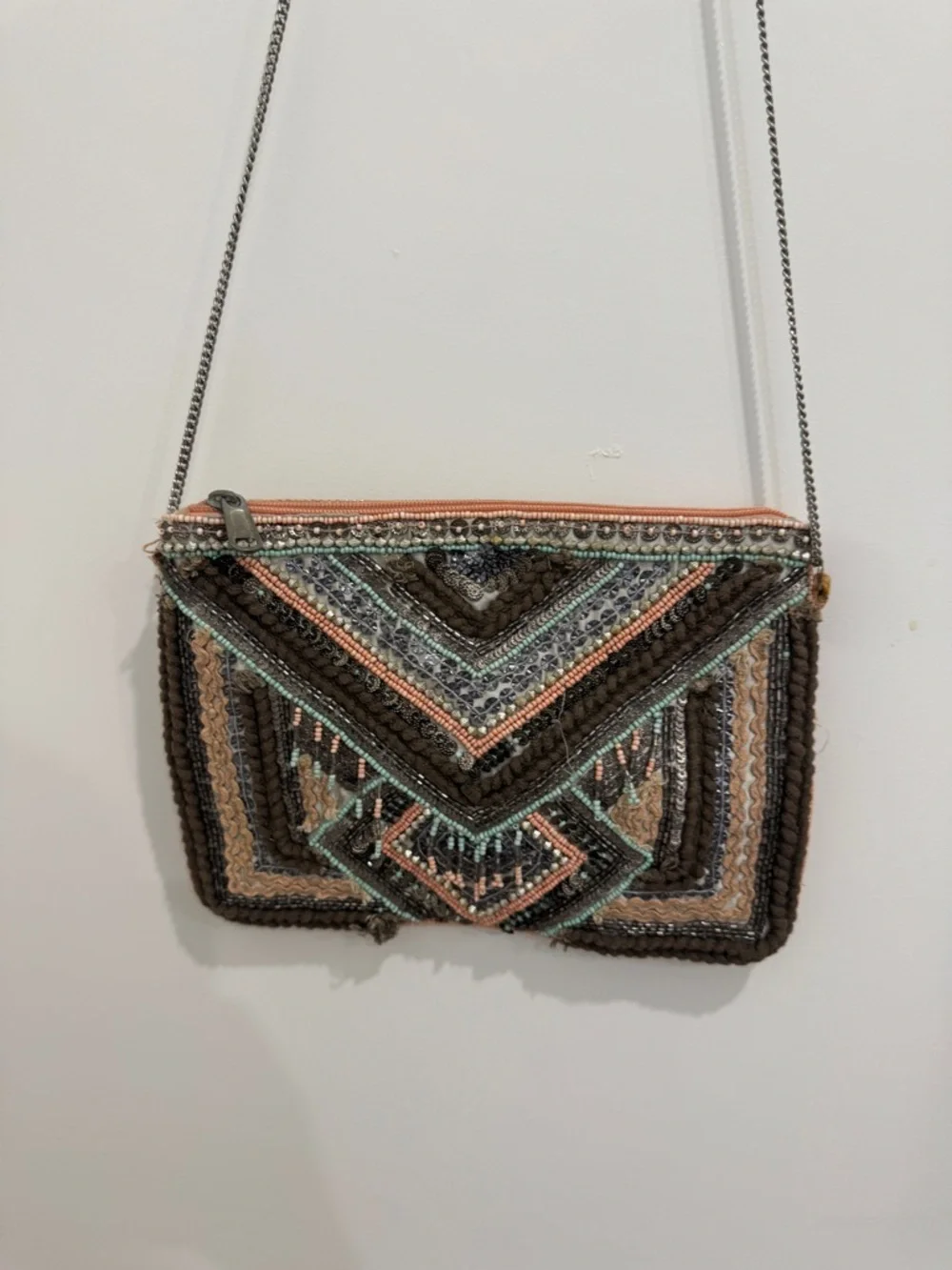 Boho Embroidered Crossbody Bag in Brown and Blush